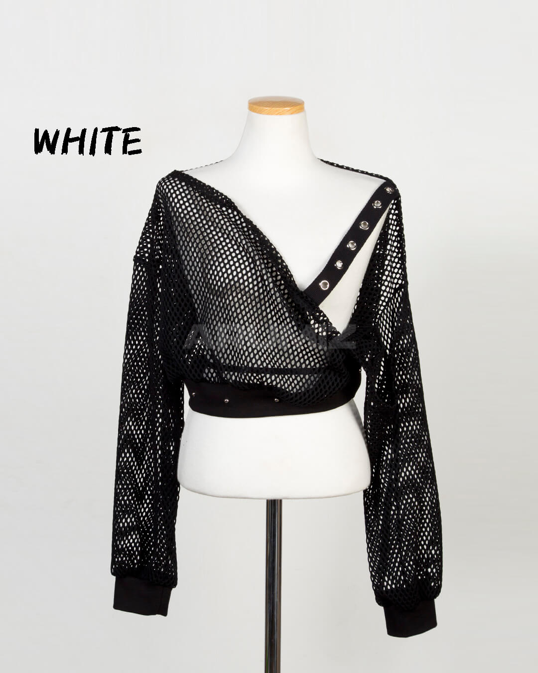 Eyelet Strap Mesh Sheer Off-Shoulder Cropped Top