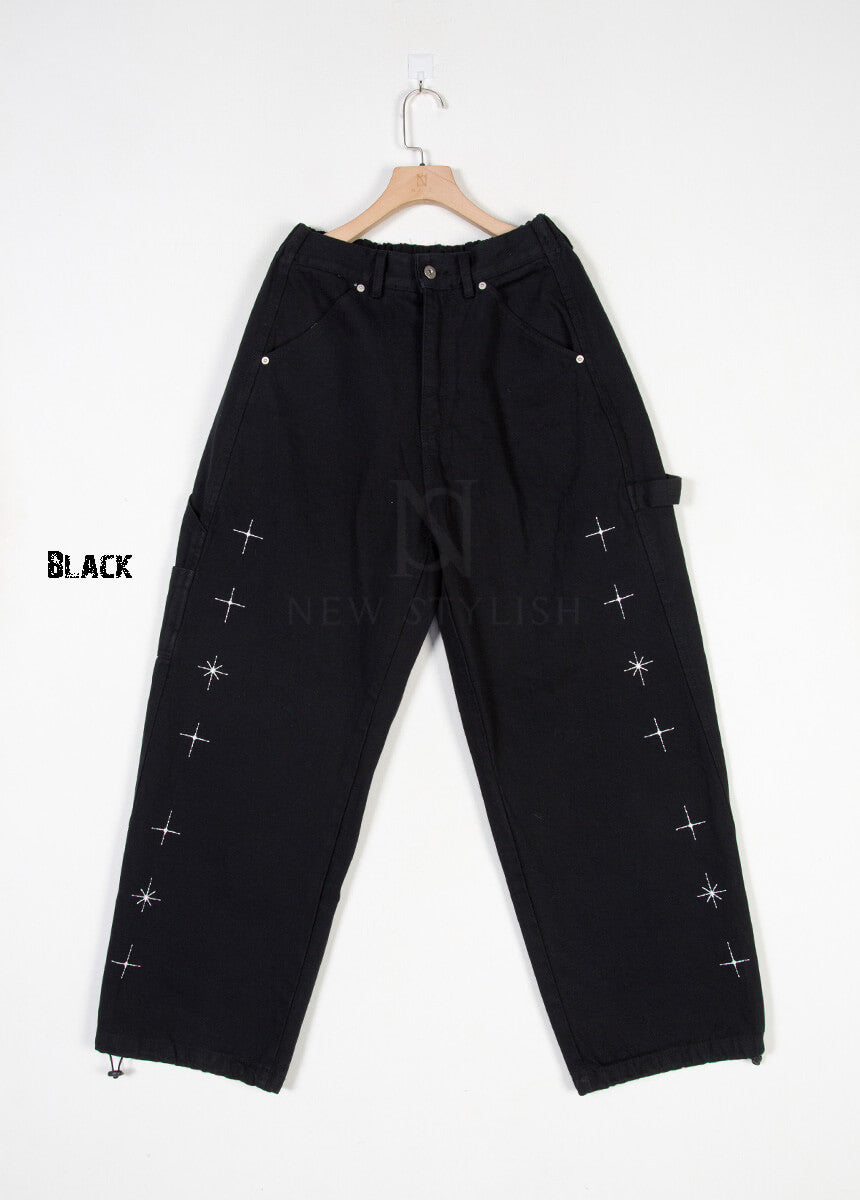 Star Embroidered Carpenter Wide-Leg Cotton Pants