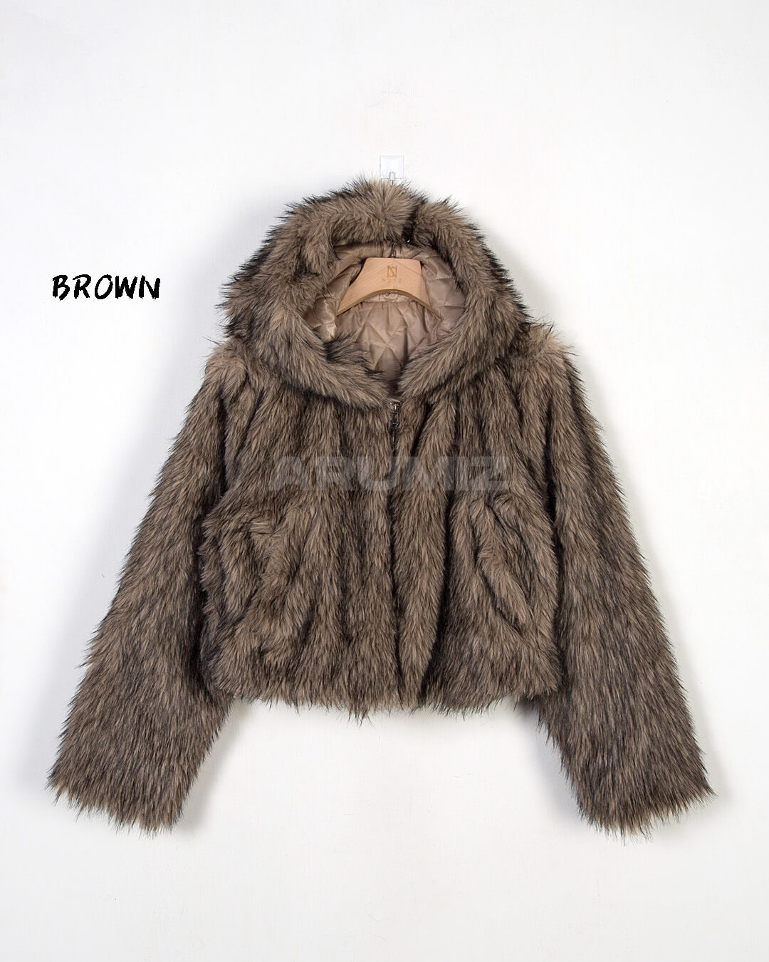 Wolf Faux Fur Hooded Cropped Jacket