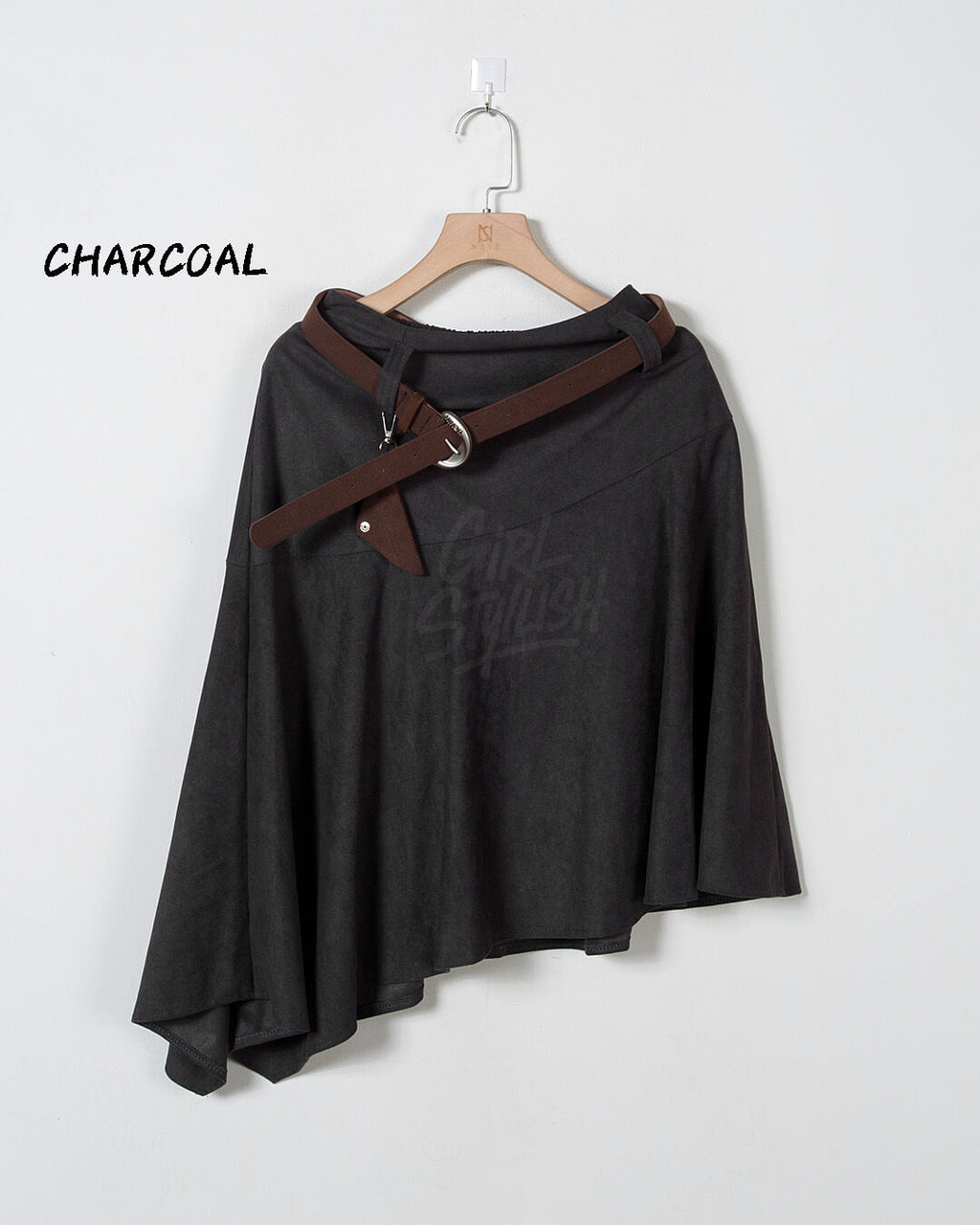 Asymmetric Suede Flared Belt Skirt