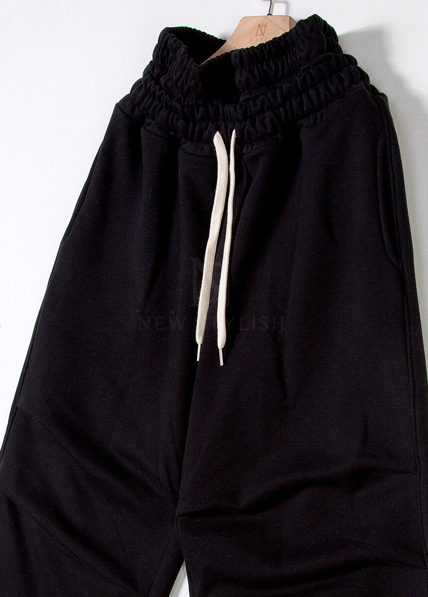 Contrast Drawstring Layered Sagging Wide-Leg Cotton Pants