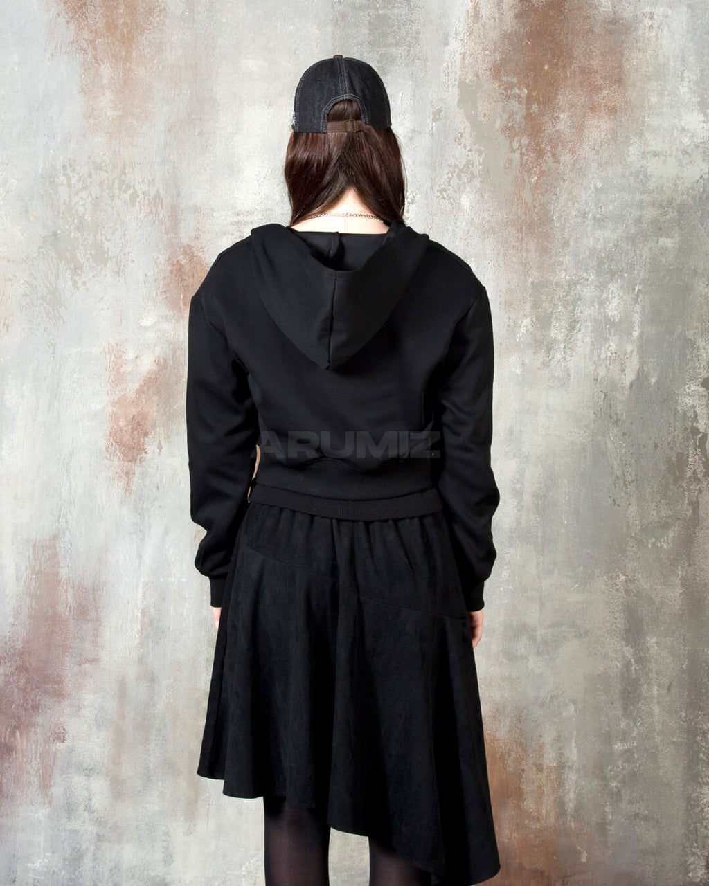 Vintage Washed Asymmetric Panel Crop Zip-Up Hoodie