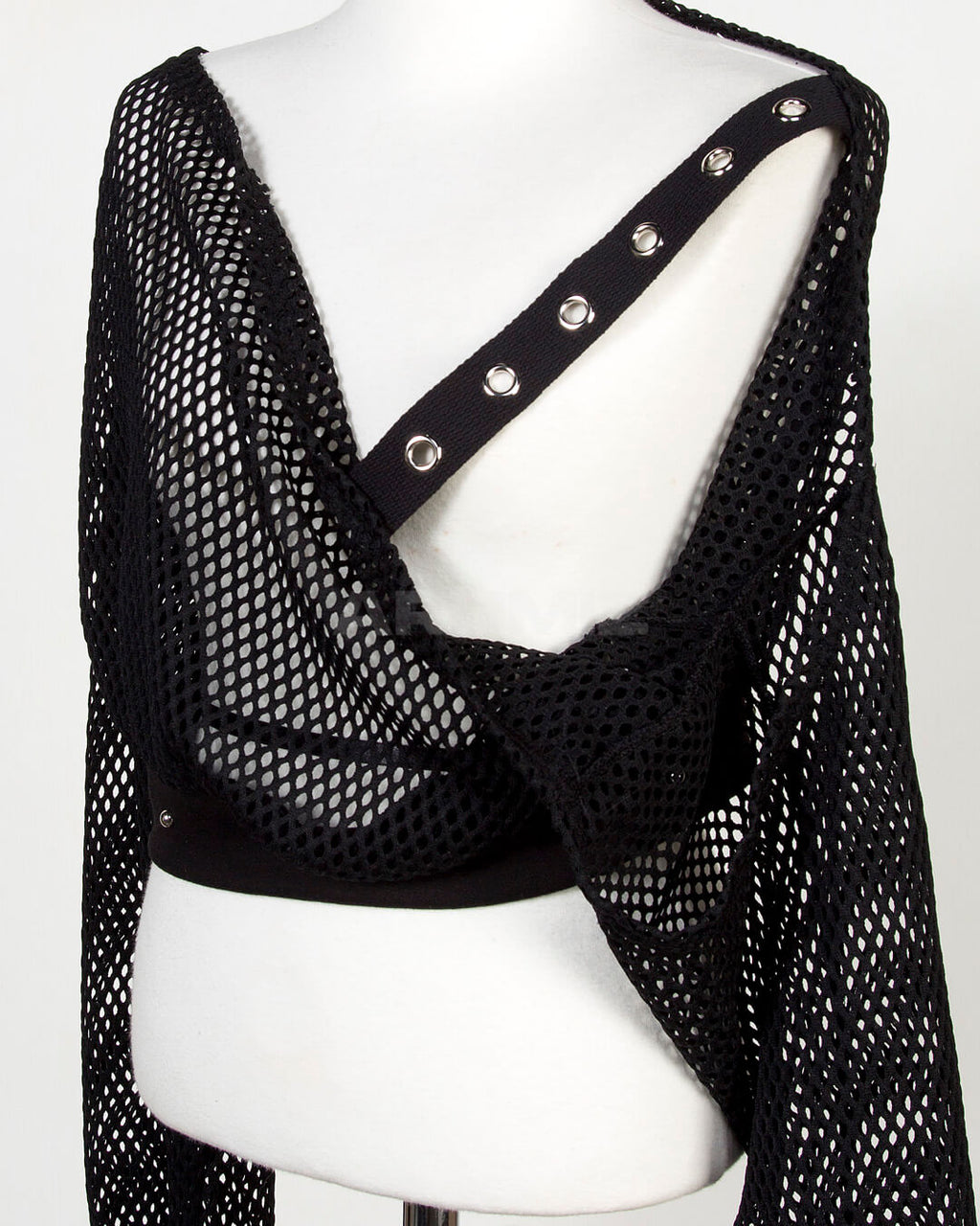 Eyelet Strap Mesh Sheer Off-Shoulder Cropped Top