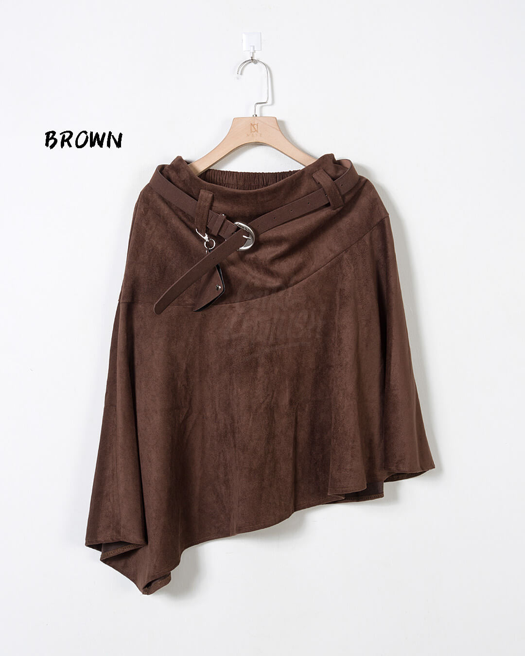 Asymmetric Suede Flared Belt Skirt