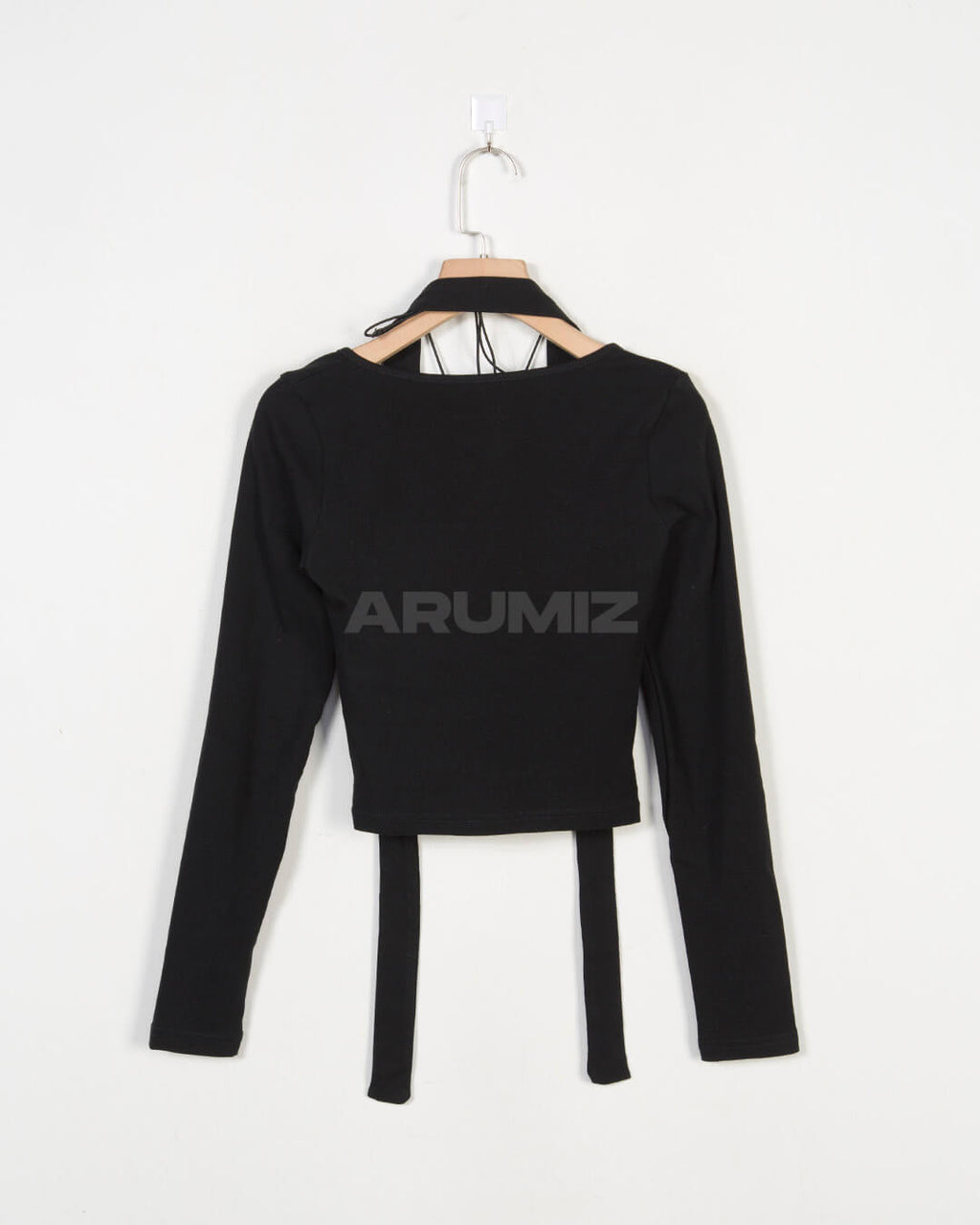 Choker Strap Shirred Cropped Long Sleeve Top