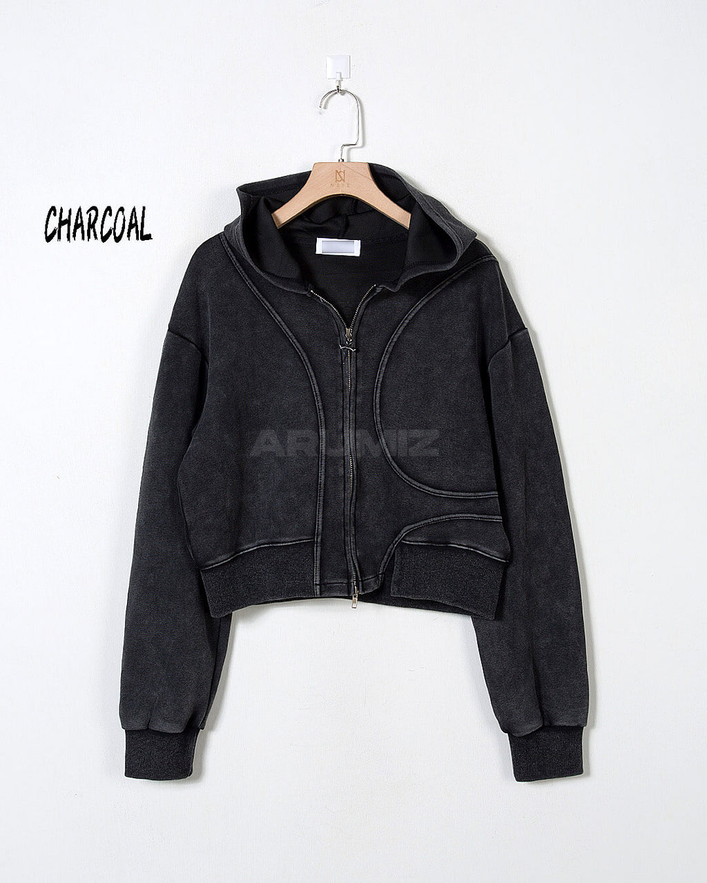 Vintage Washed Asymmetric Panel Crop Zip-Up Hoodie