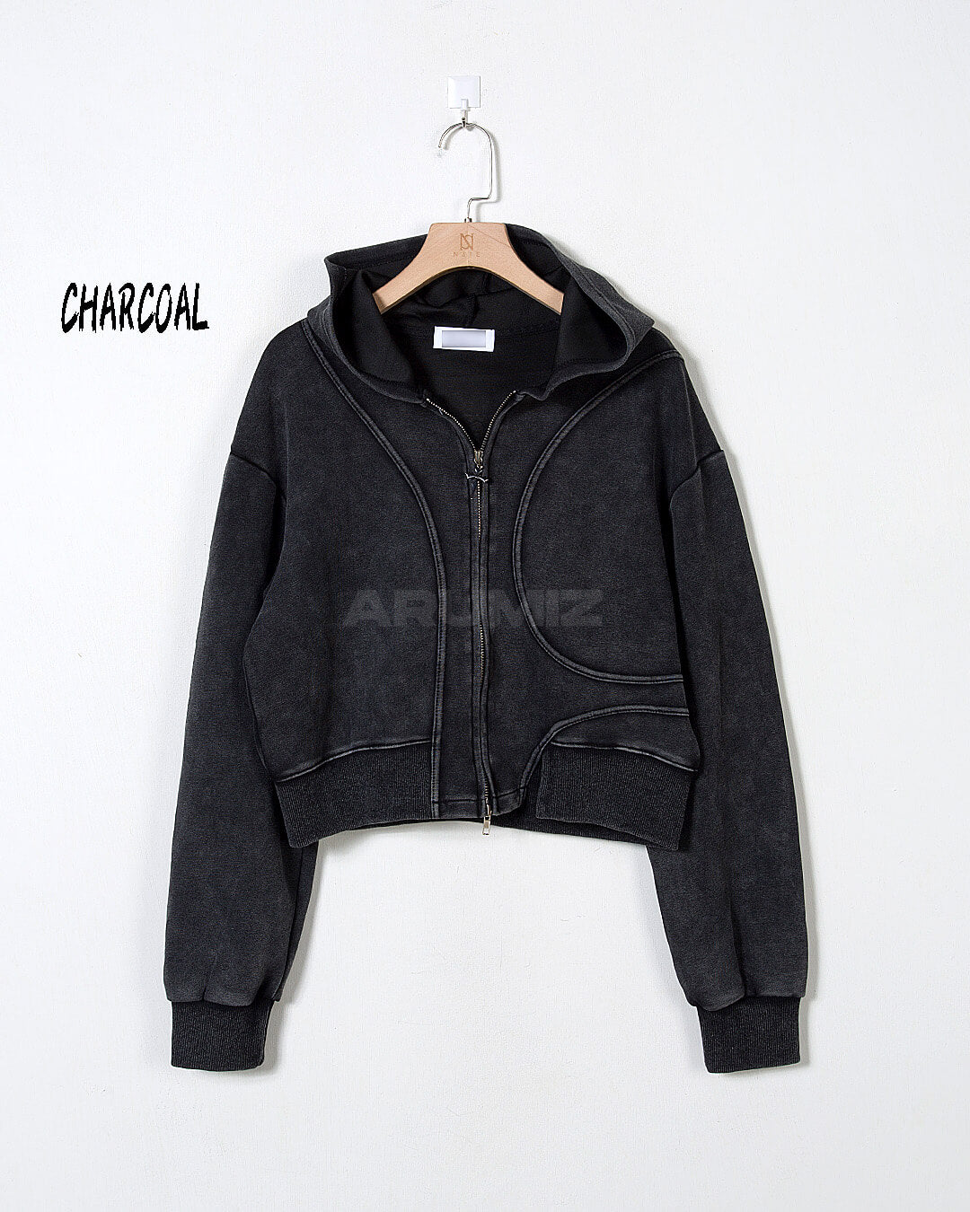 Vintage Washed Asymmetric Panel Crop Zip-Up Hoodie