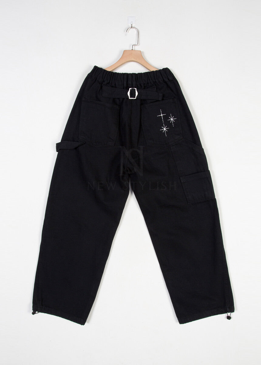 Star Embroidered Carpenter Wide-Leg Cotton Pants