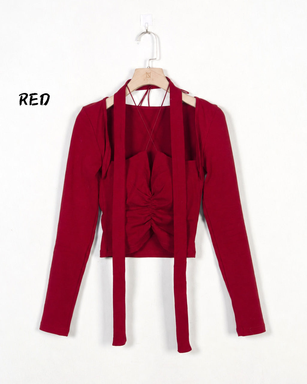 Choker Strap Shirred Cropped Long Sleeve Top