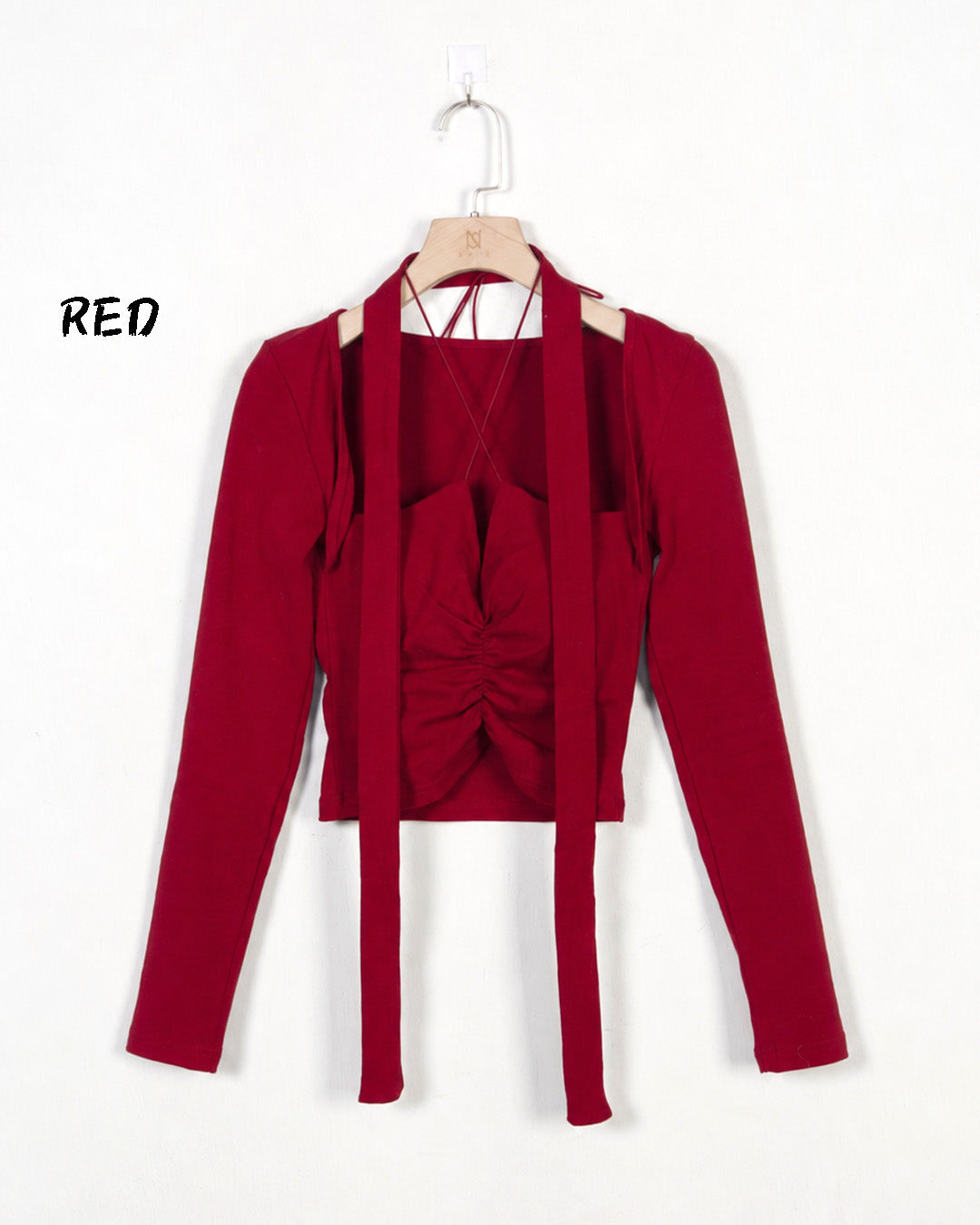 Choker Strap Shirred Cropped Long Sleeve Top