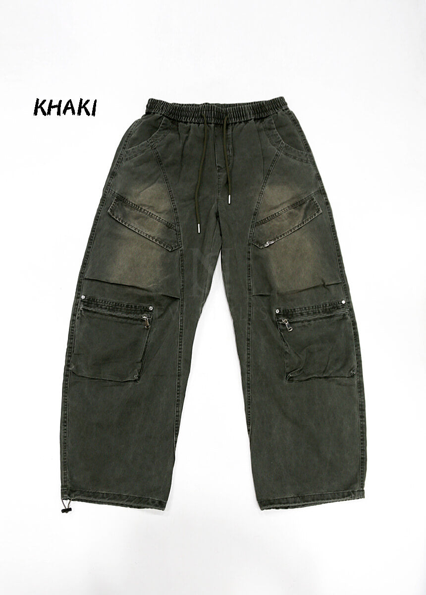 Vintage Washed Wide Cotton Zip Cargo Pants