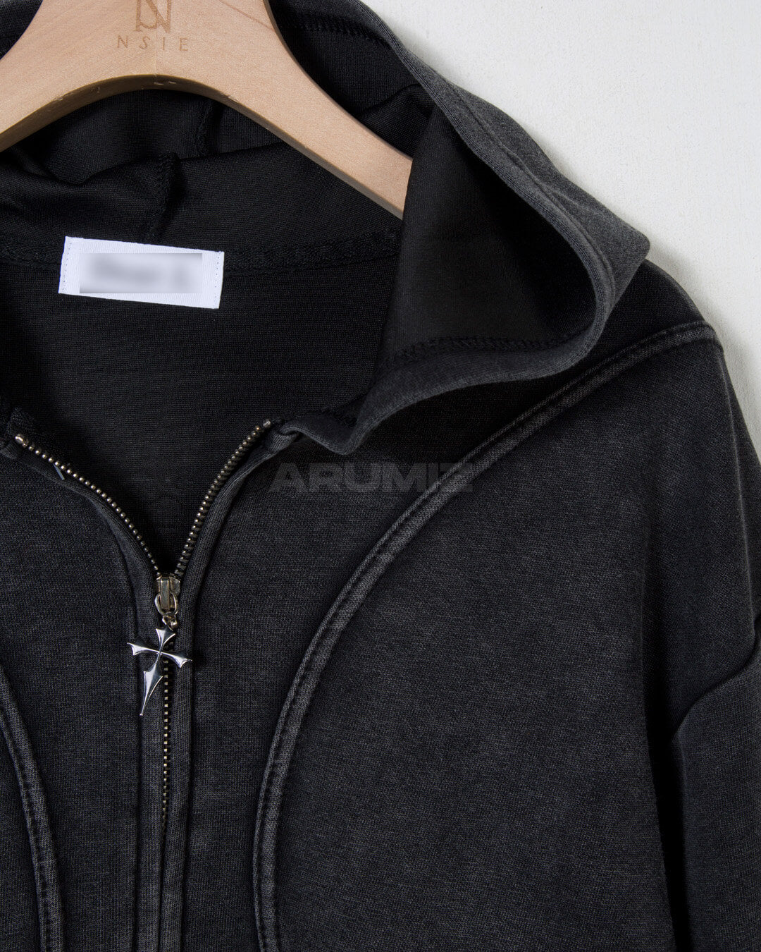 Vintage Washed Asymmetric Panel Crop Zip-Up Hoodie