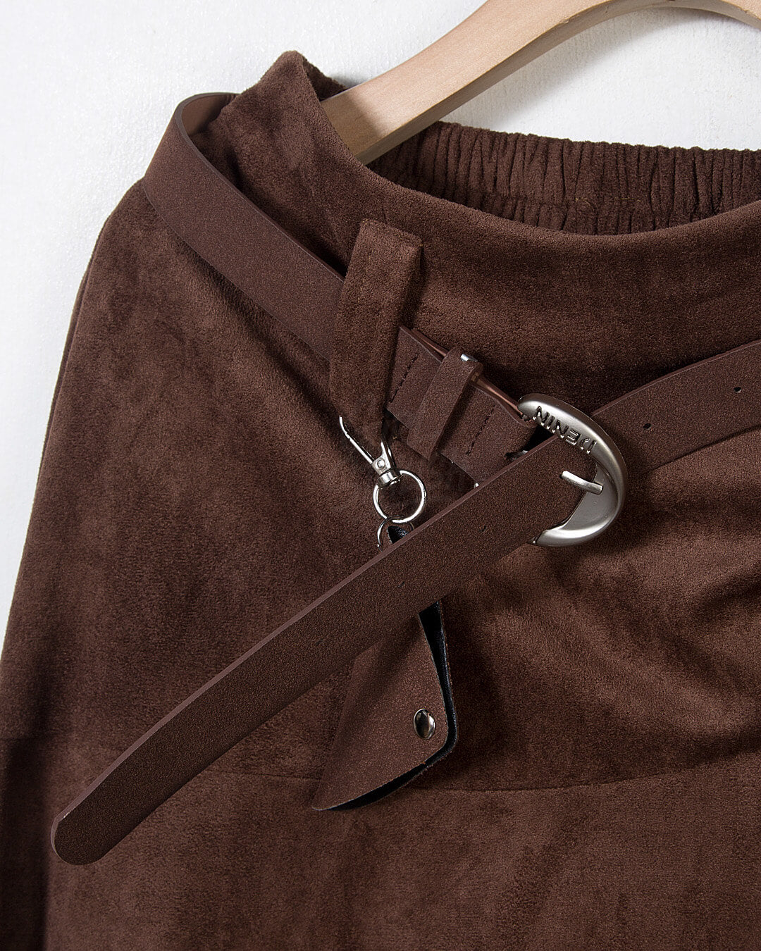 Asymmetric Suede Flared Belt Skirt