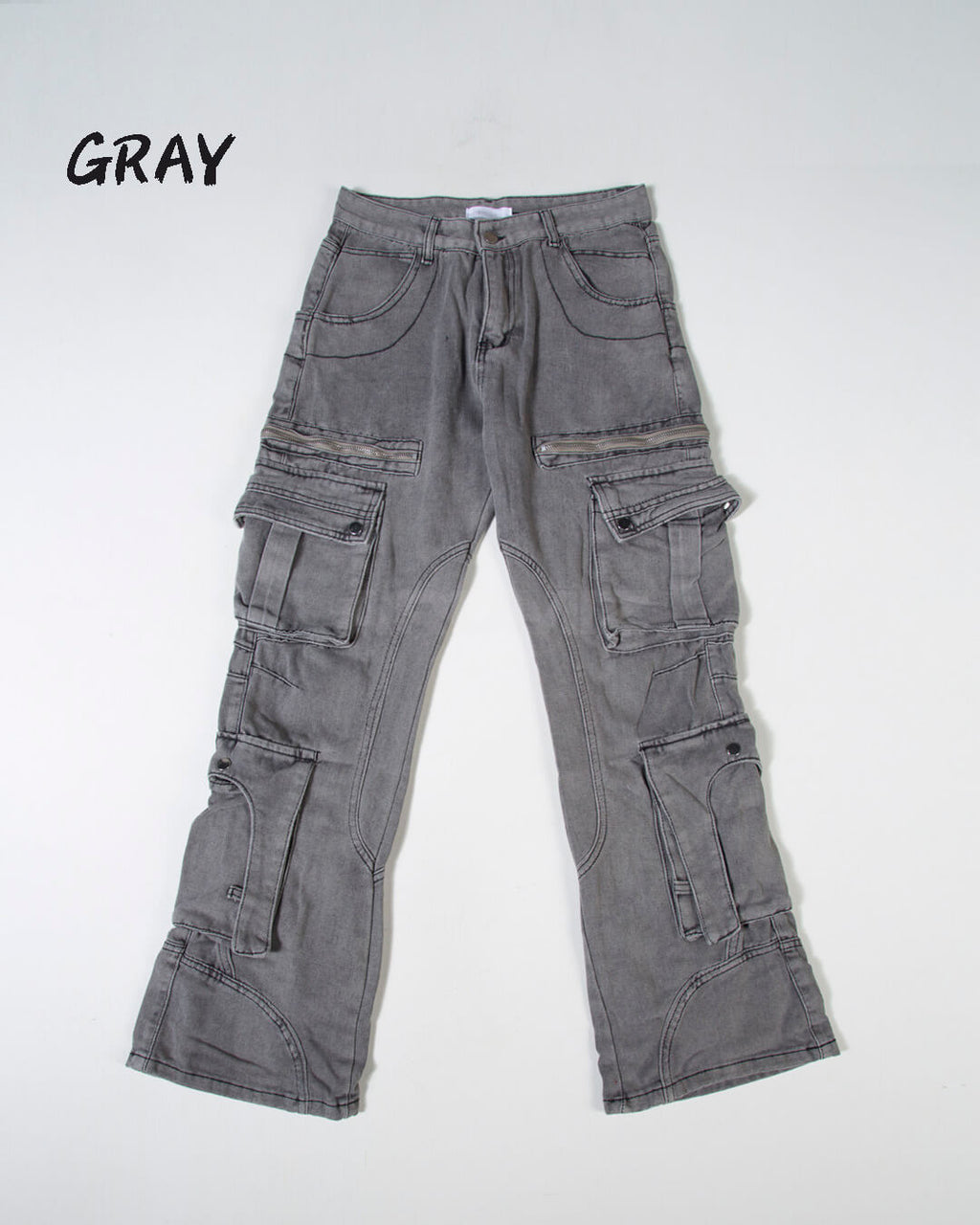 Vintage Washed Zipper Cargo Bootcut Pants