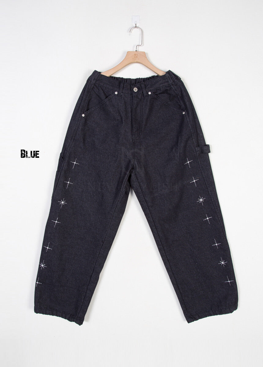 Star Embroidered Carpenter Wide-Leg Cotton Pants