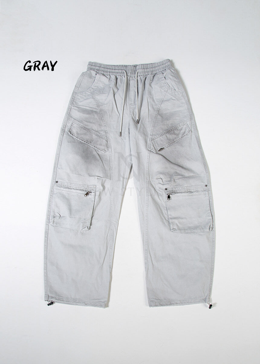 Vintage Washed Wide Cotton Zip Cargo Pants