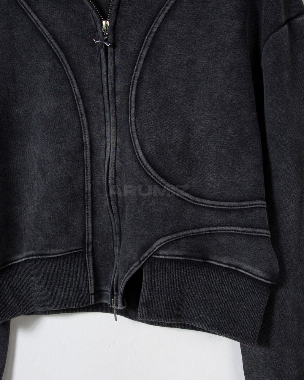 Vintage Washed Asymmetric Panel Crop Zip-Up Hoodie