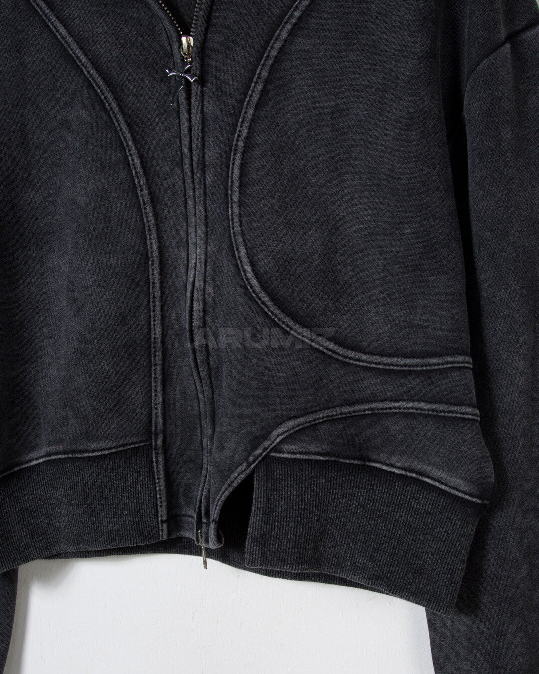 Vintage Washed Asymmetric Panel Crop Zip-Up Hoodie