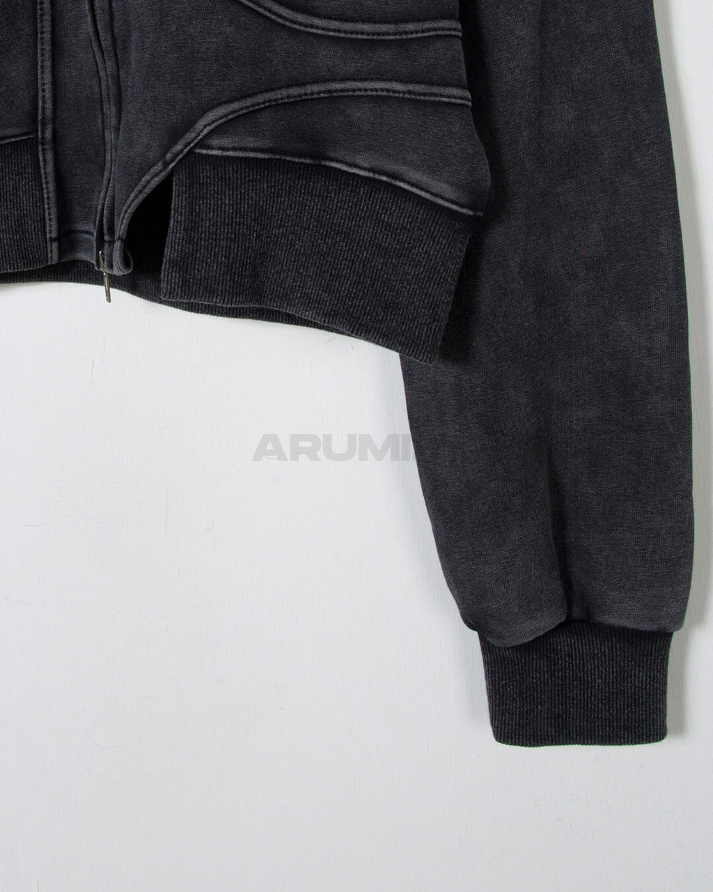 Vintage Washed Asymmetric Panel Crop Zip-Up Hoodie