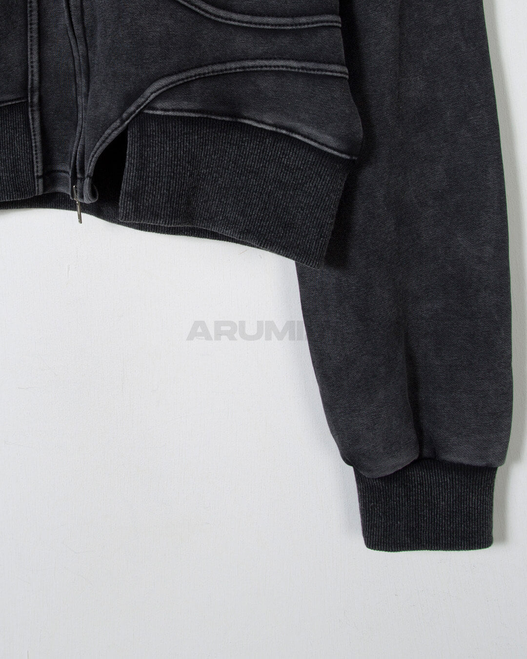 Vintage Washed Asymmetric Panel Crop Zip-Up Hoodie