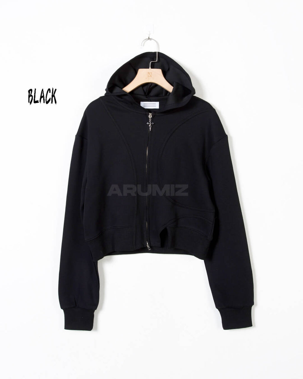 Vintage Washed Asymmetric Panel Crop Zip-Up Hoodie