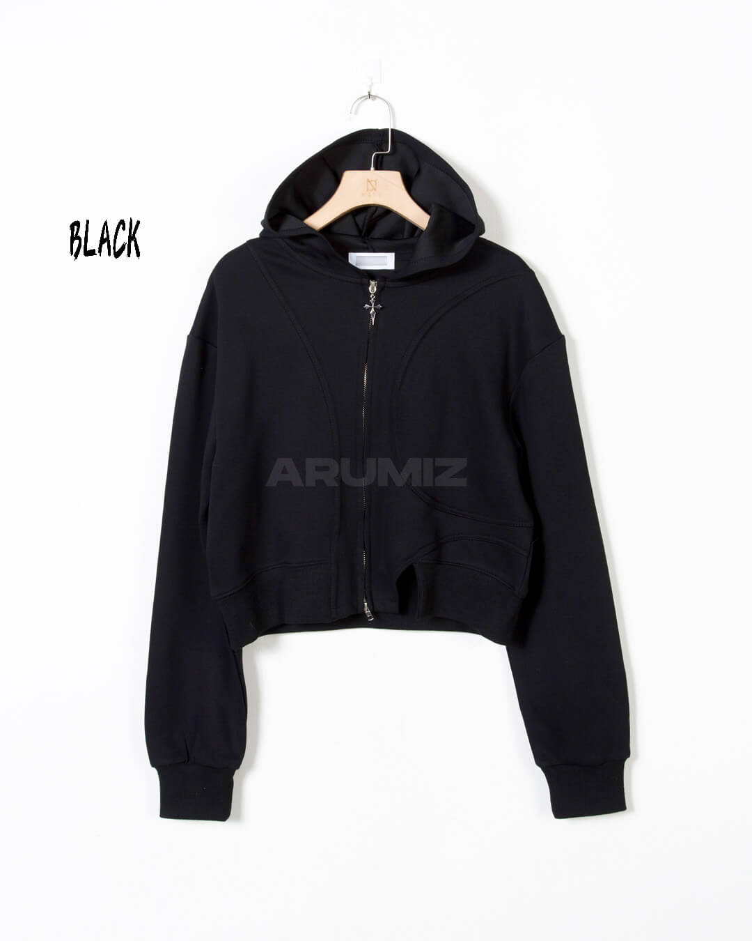 Vintage Washed Asymmetric Panel Crop Zip-Up Hoodie