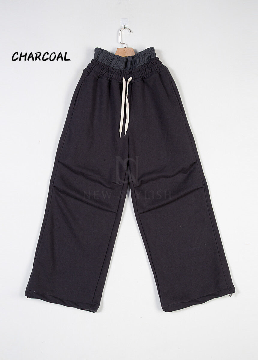 Contrast Drawstring Layered Sagging Wide-Leg Cotton Pants