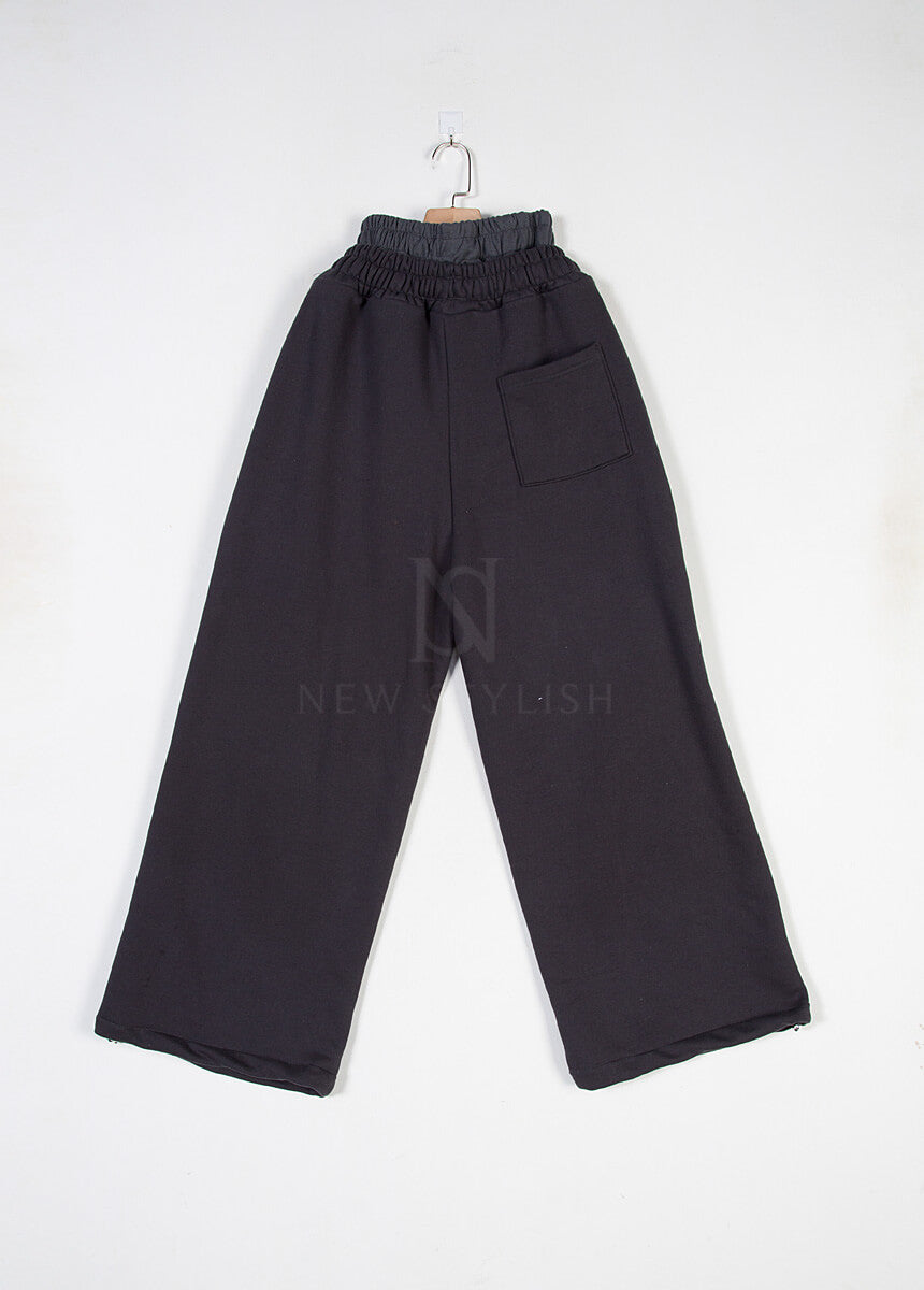 Contrast Drawstring Layered Sagging Wide-Leg Cotton Pants