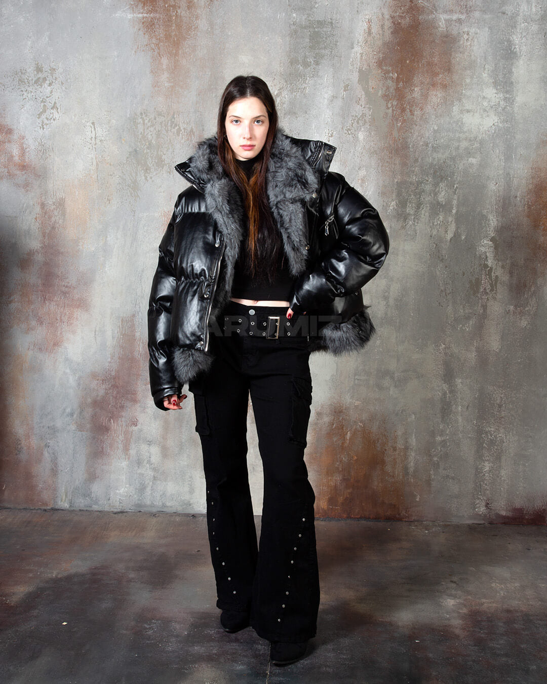Fur-Trim Glossy Oversized Black Leather Puffer Jacket