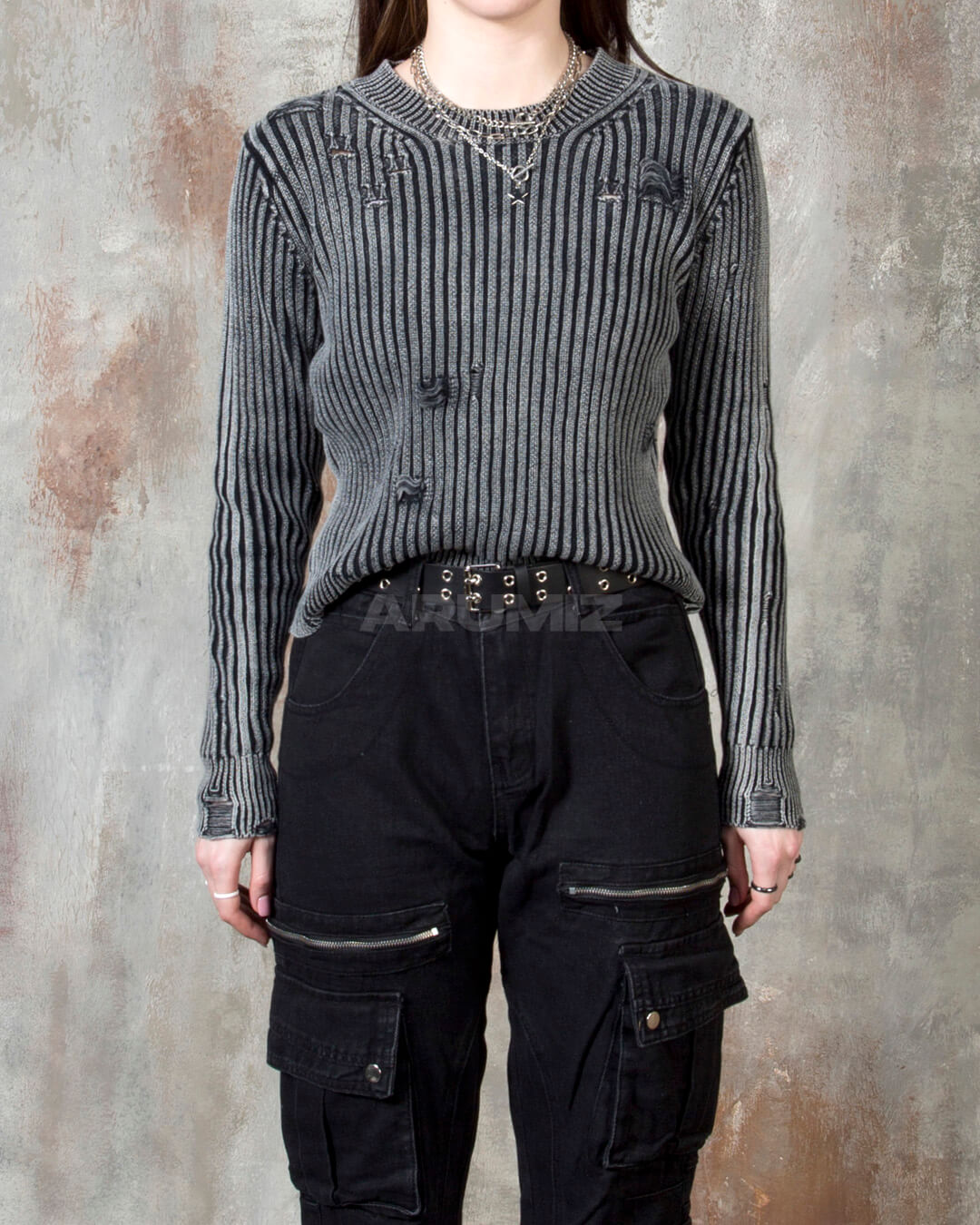Distressed Ribbed Cropped Knit Sweater