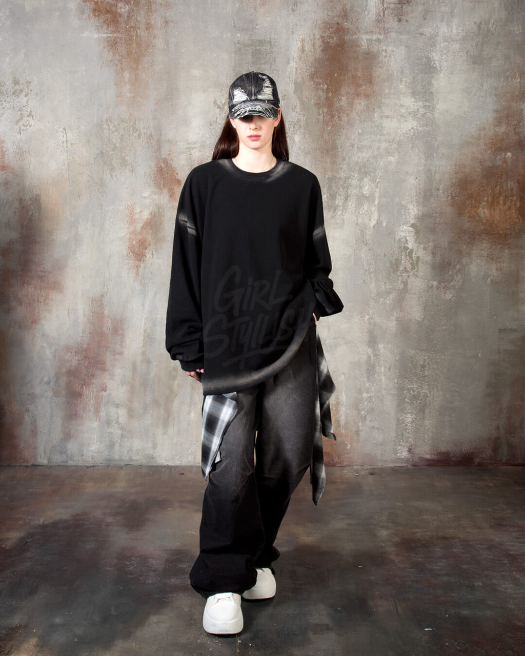 Gradient Line Waffle Black Long Sleeve T-shirt - Vintage Street Style