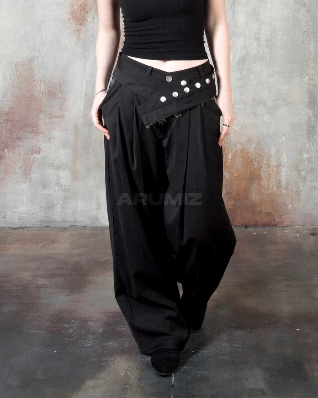 Stud Button Belt Pintuck Wide-Leg Slacks Pants