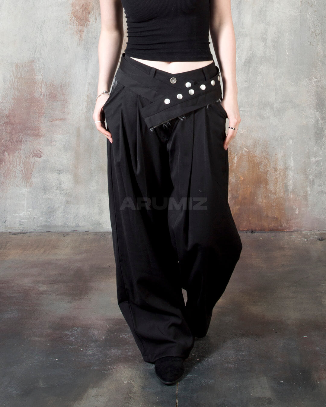 Stud Button Belt Pintuck Wide-Leg Slacks Pants