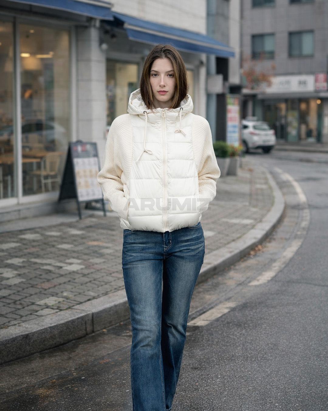 Hooded Knit Sleeve Padded Hybrid Jacket