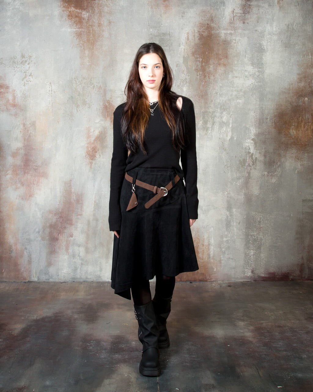 Asymmetric Suede Flared Belt Skirt