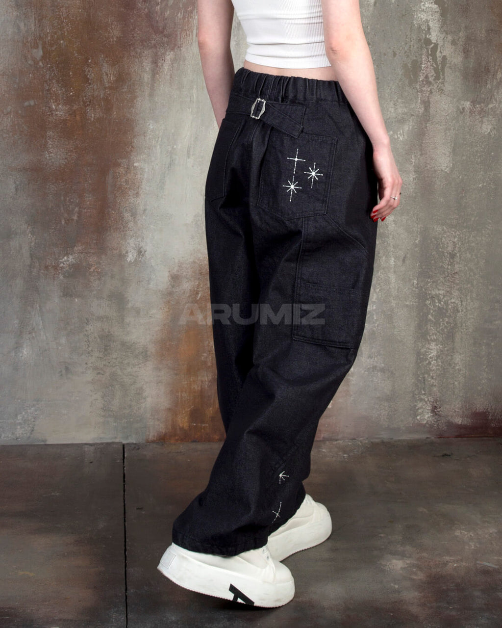 Star Embroidered Carpenter Wide-Leg Cotton Pants