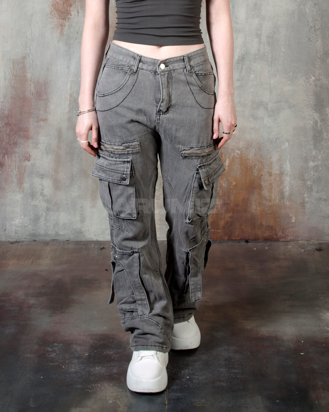 Vintage Washed Zipper Cargo Bootcut Pants