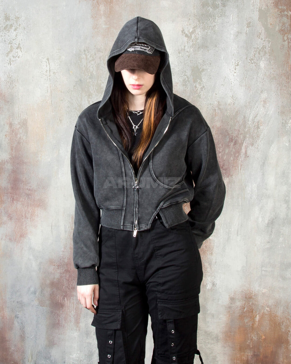 Vintage Washed Asymmetric Panel Crop Zip-Up Hoodie