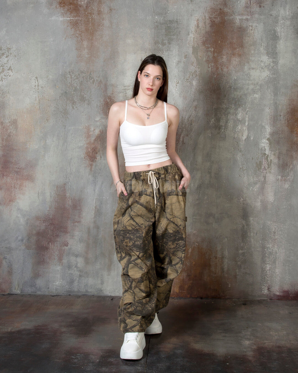 Vintage Tree Camo Wide-Leg Carpenter Cotton Pants