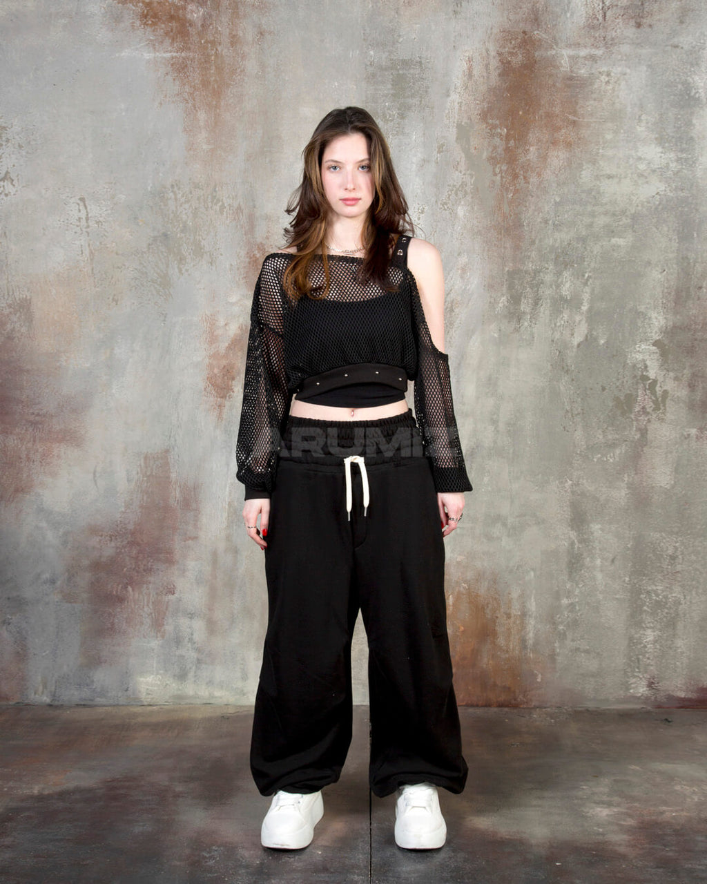 Contrast Drawstring Layered Sagging Wide-Leg Cotton Pants