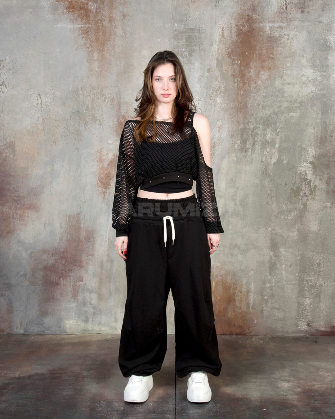 Contrast Drawstring Layered Sagging Wide-Leg Cotton Pants