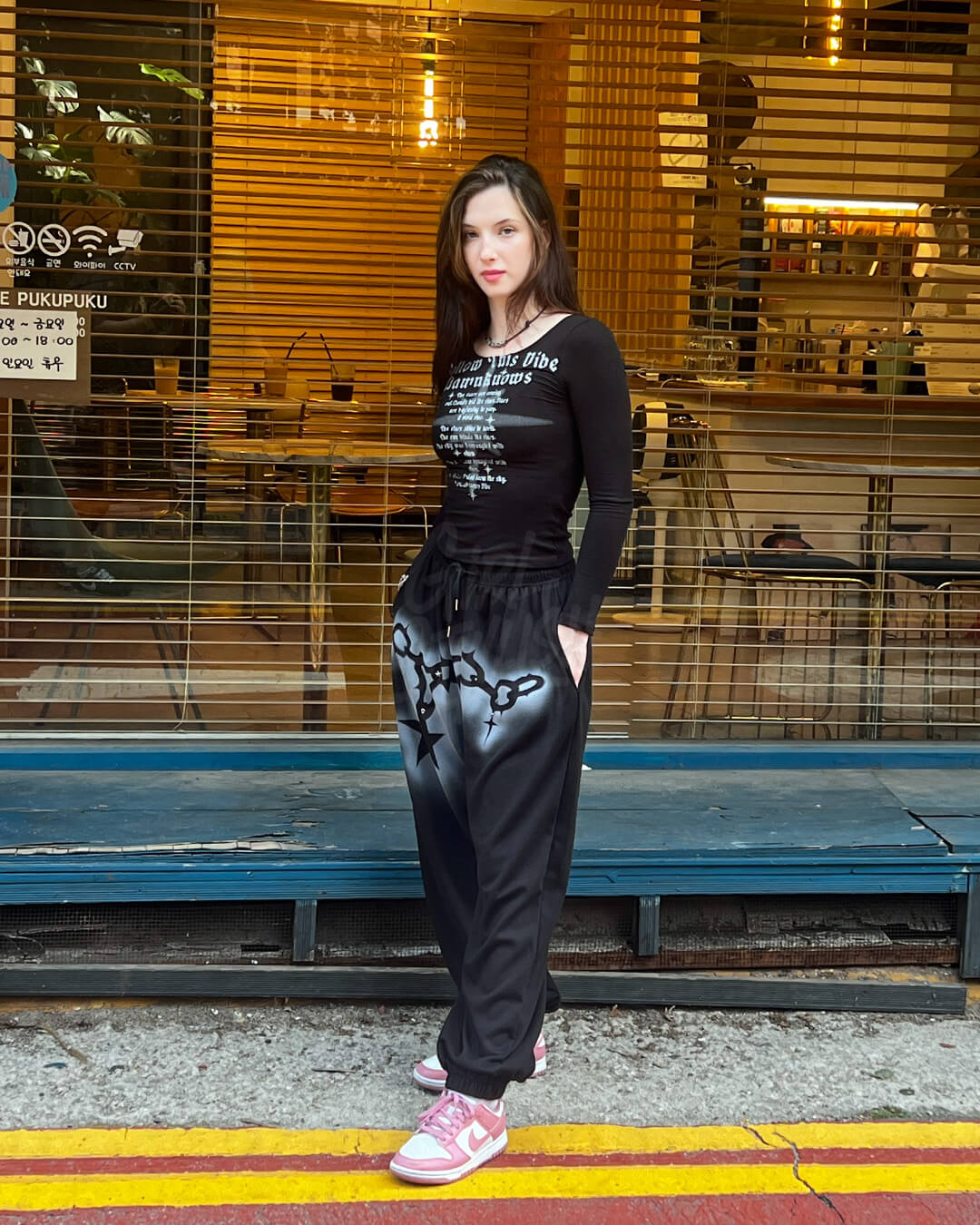 Gothic Lettering Slim-Fit U-Neck Long-Sleeve T-Shirt