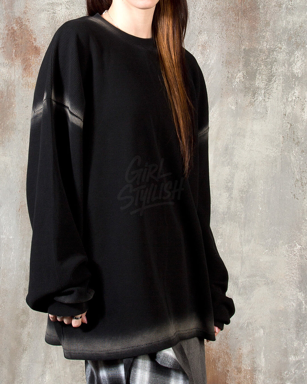 Gradient Line Waffle Black Long Sleeve T-shirt