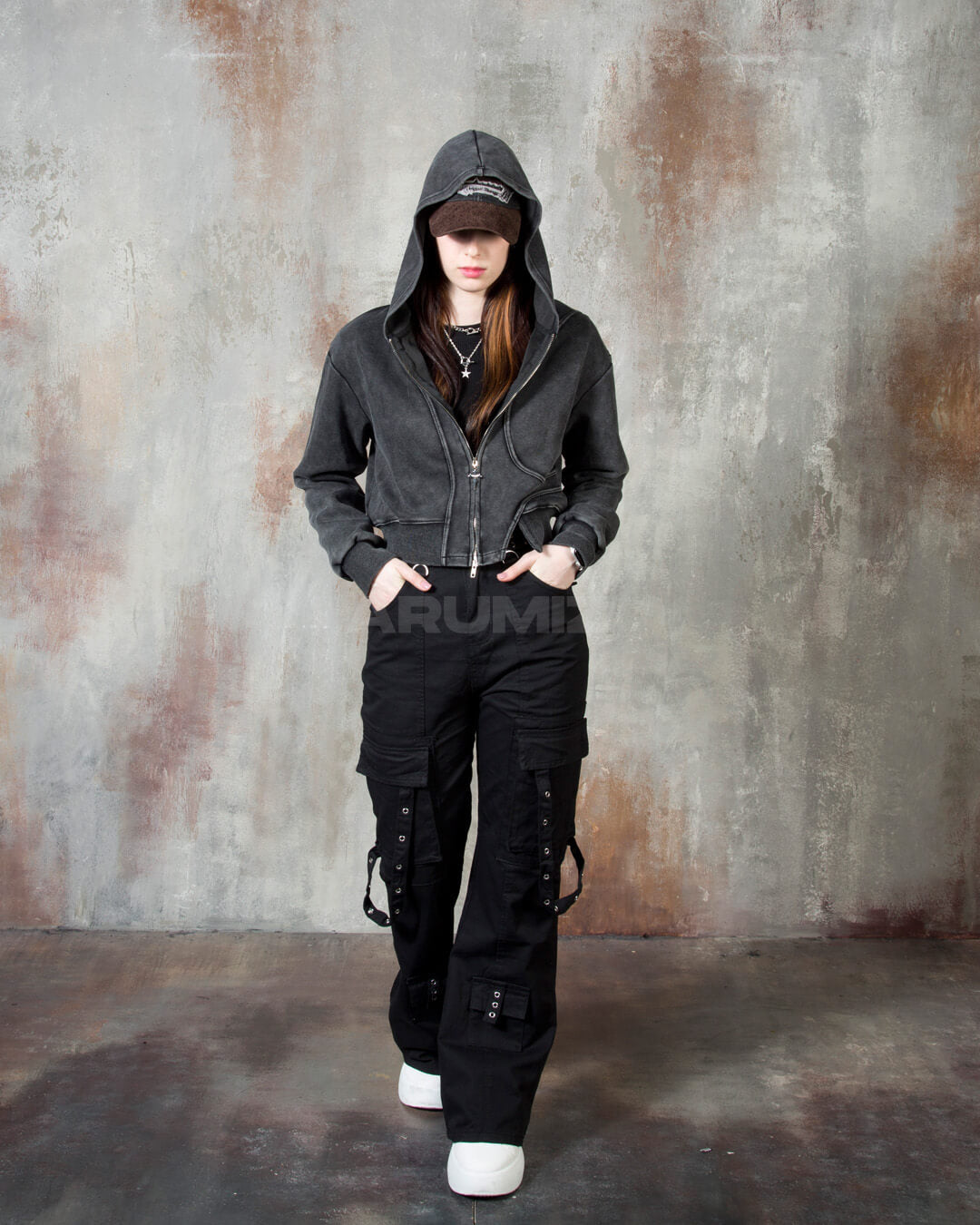 Vintage Washed Asymmetric Panel Crop Zip-Up Hoodie