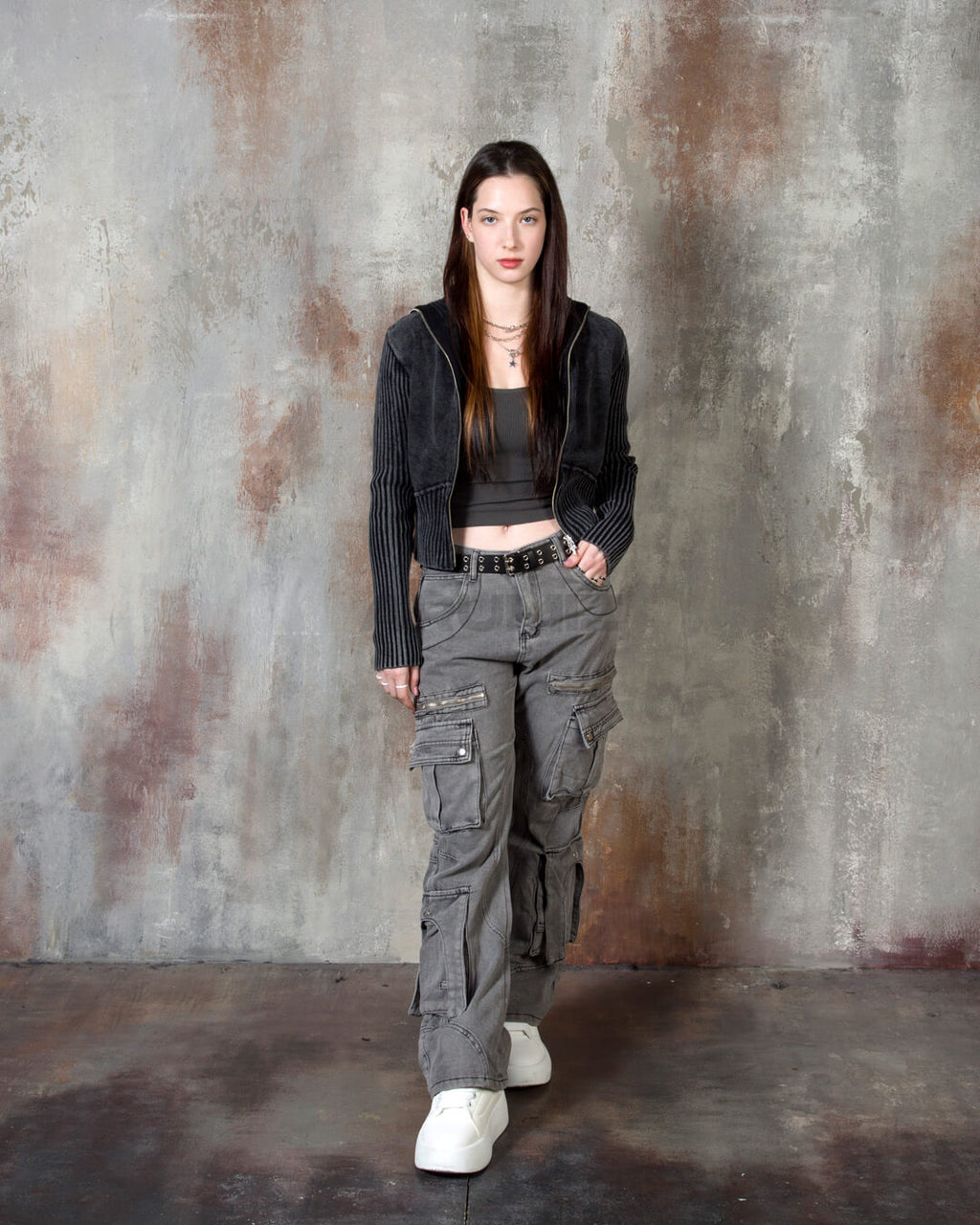 Vintage Washed Rib Knit High-Neck Cropped Zip-Up Jacket