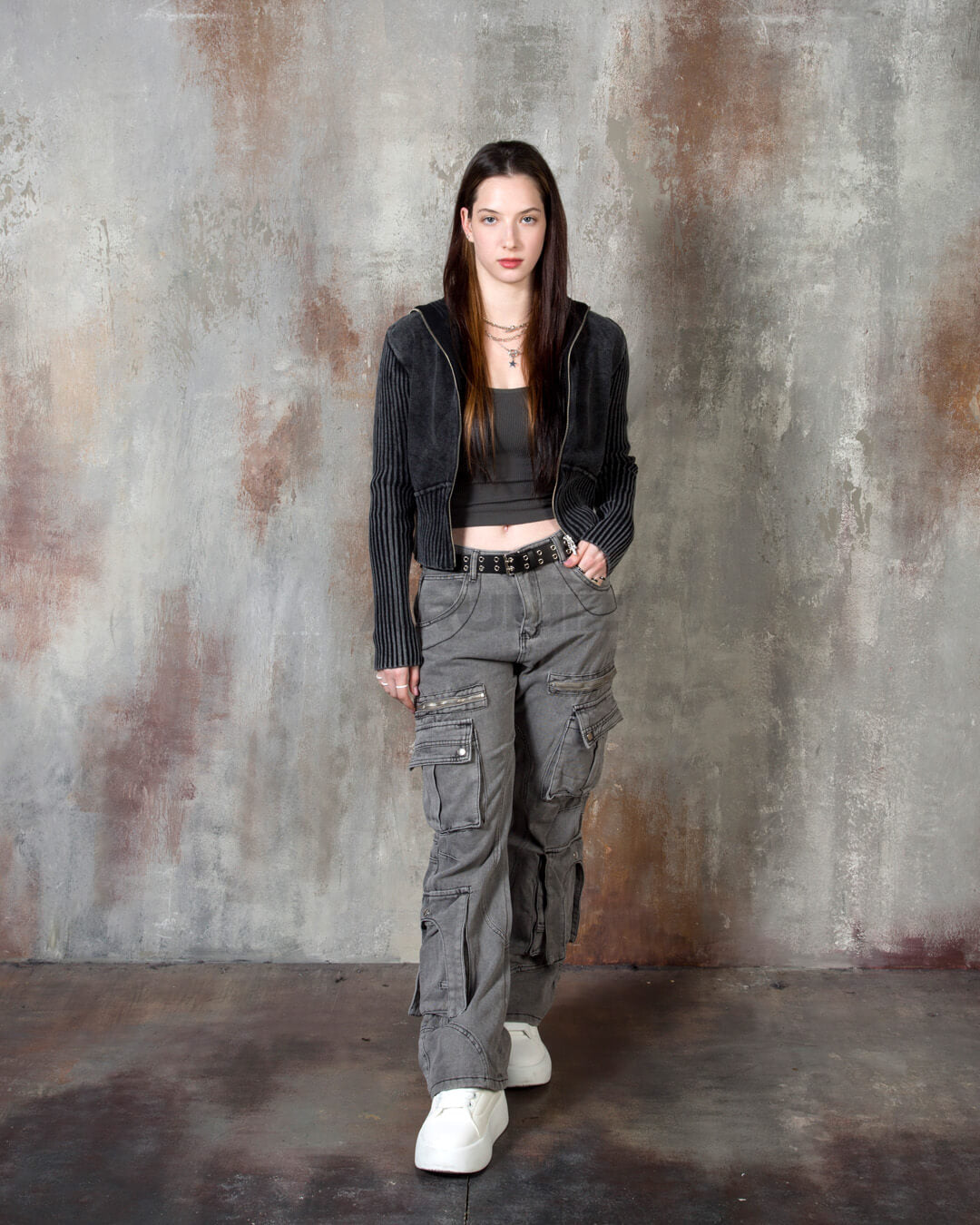 Vintage Washed Rib Knit High-Neck Cropped Zip-Up Jacket