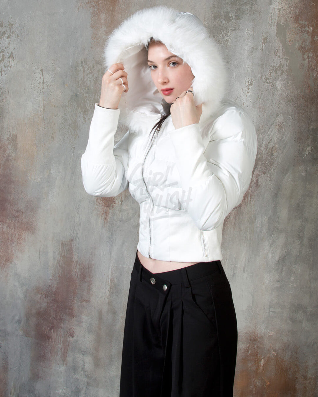 Raccoon Fur Hood Volume Crop Padded Jacket