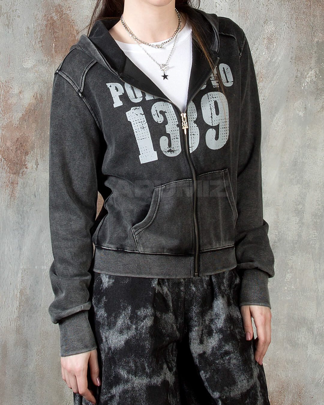 Vintage Pigment Wash Lettering Cropped Zip-Up Hoodie