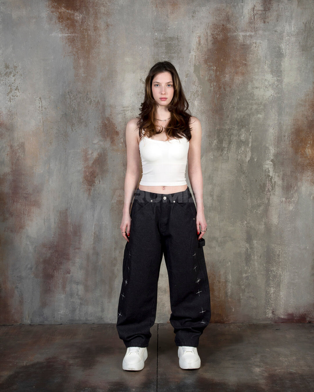 Star Embroidered Carpenter Wide-Leg Cotton Pants