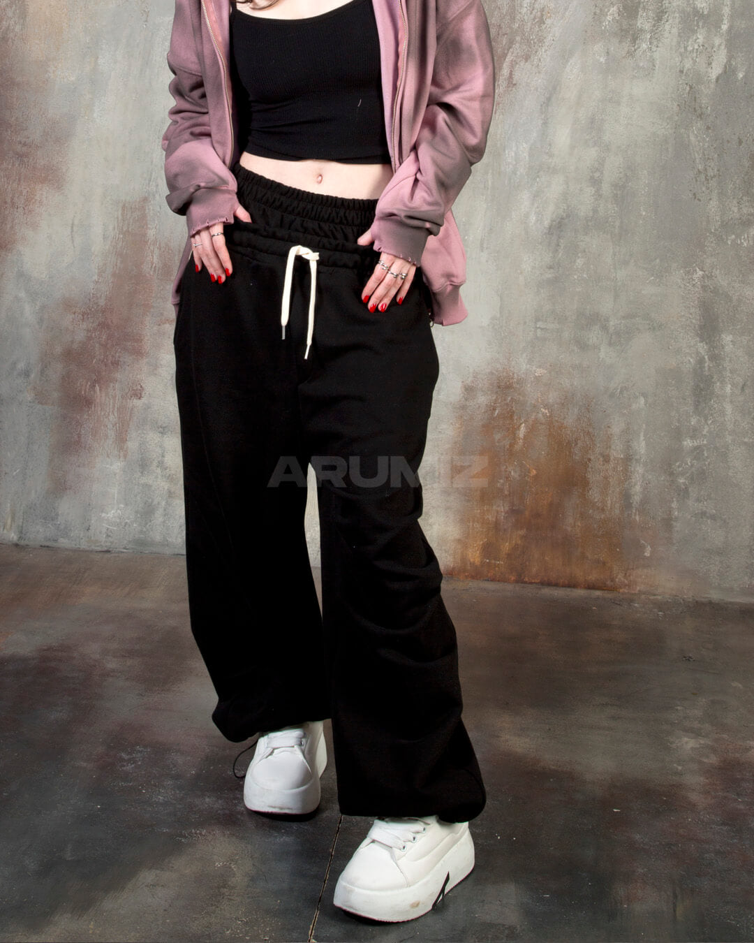 Contrast Drawstring Layered Sagging Wide-Leg Cotton Pants